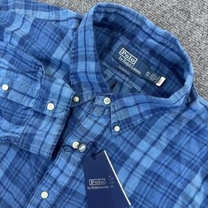 Polo Ralph Lauren Mens 2XL Classic Fit Blue Plaid Indigo Linen Button Down Shirt